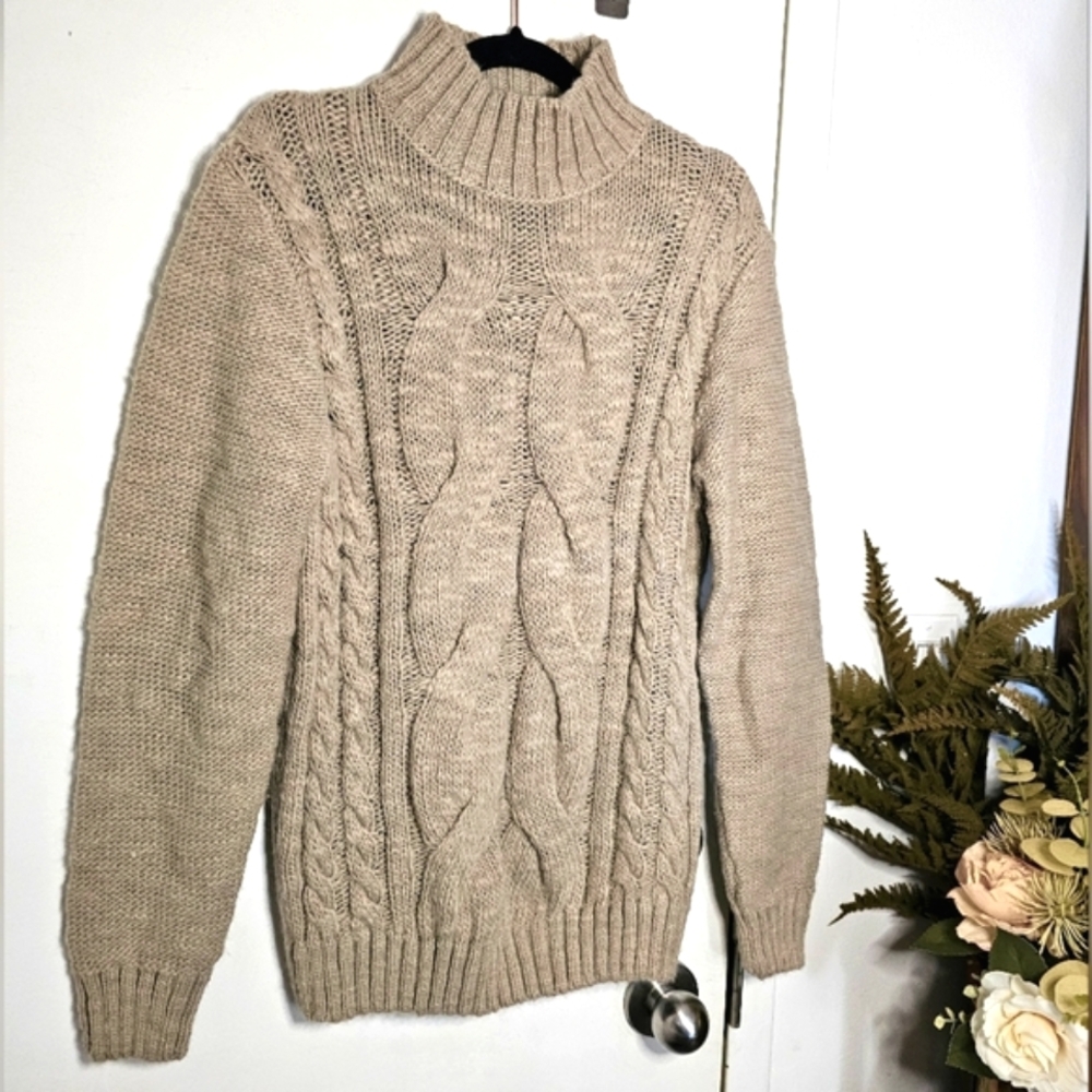 Italian Wool Blend Cable Knit Fisherman Turtleneck Sweater